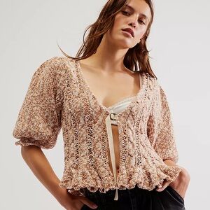 Free People staple knit cardigan earthy‎ puffed sleeves lettuce-hem dainty femme